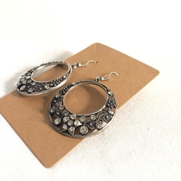 Ornate Open Circle Star Rhinestone Pierced Dangle Earrings - Picture 3 of 7